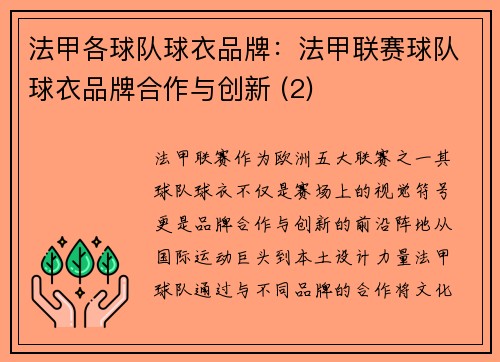 法甲各球队球衣品牌：法甲联赛球队球衣品牌合作与创新 (2)