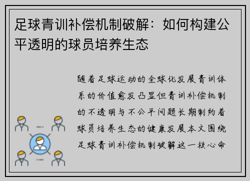 足球青训补偿机制破解：如何构建公平透明的球员培养生态