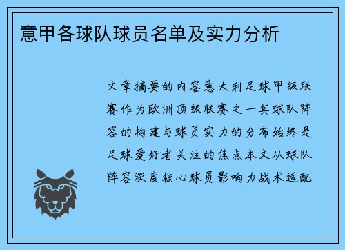 意甲各球队球员名单及实力分析