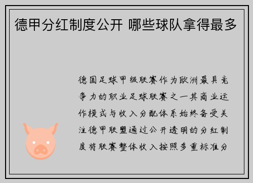 德甲分红制度公开 哪些球队拿得最多